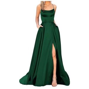 Women's Prom Dresses Long Satin Aline Slit Spaghetti with Pockets